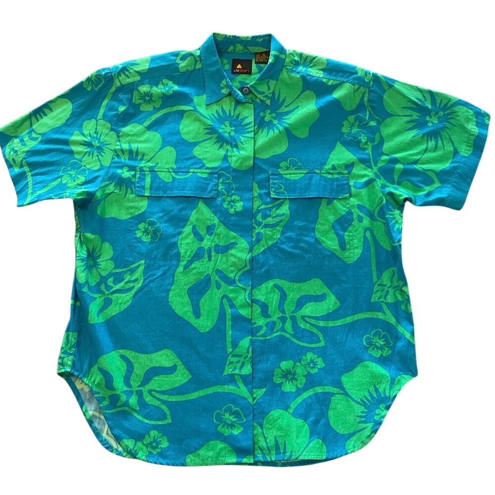 Vtg Liz Sport Cotton Button Hawaiian Floral Aloha SS Top Blue Green Floral S M